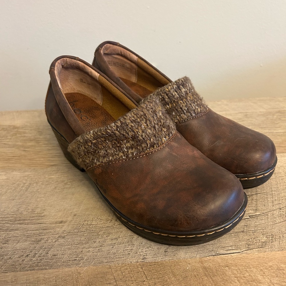 BOC Concept Womens Sz 7M Brown Leather Slip On Shoes Clogs Sweater Lined Comfort